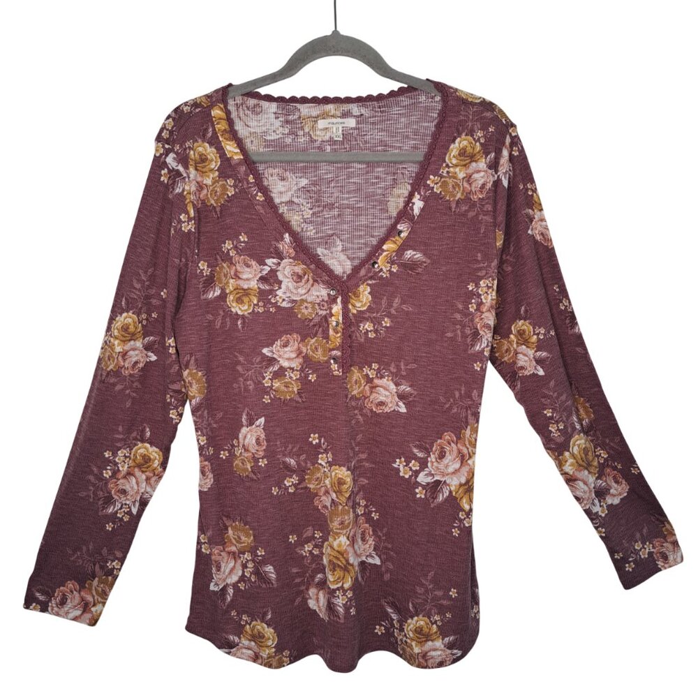 Maurices Purple Burgundy Floral V Neck Lace Trimmed Henley Plus Size XXL